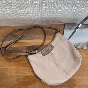 Coach Beige Leather Crossbody Bag with Taupe Trim Zip Top Small Purse